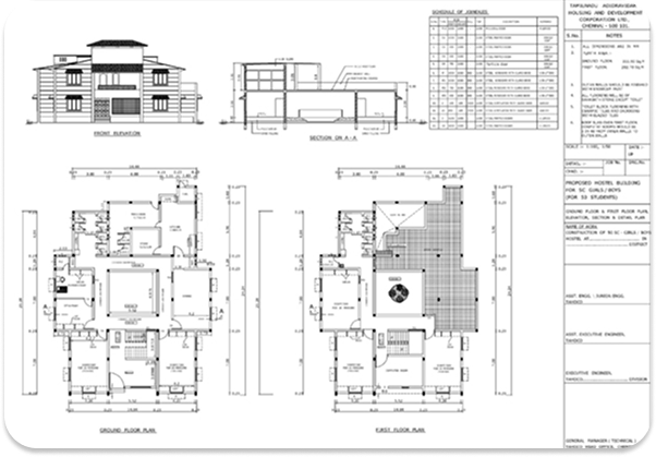 School floor plan and elevation drawing